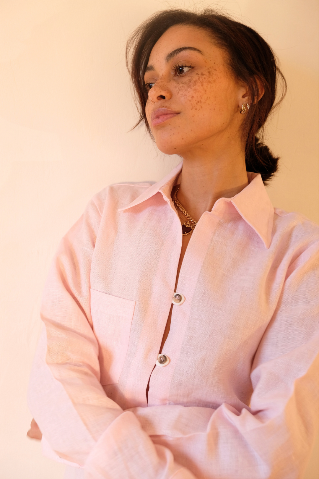 pure linen pink shirt with white button detailing 