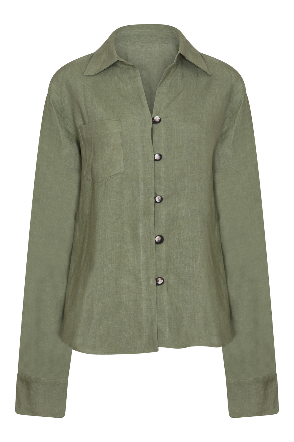 Pure linen green shirt with black button detailing 