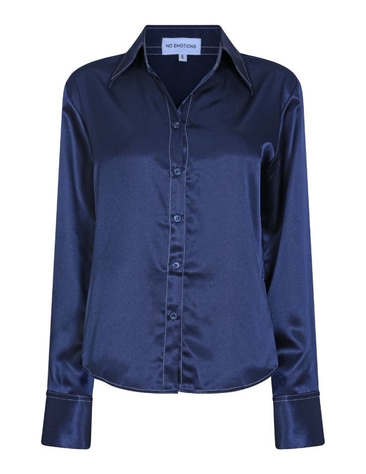 navy silk shirt with white contrast stitching