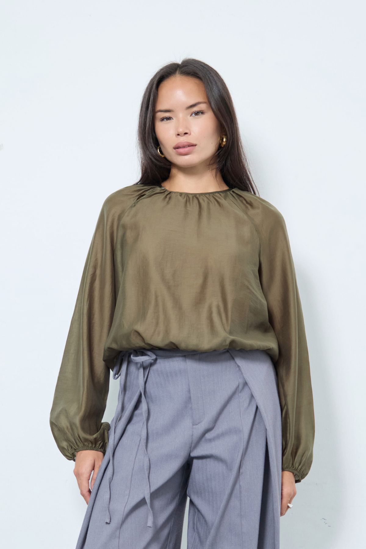 Romy Top in sheer khaki with gathered neckline and balloon sleeves – No Emotions