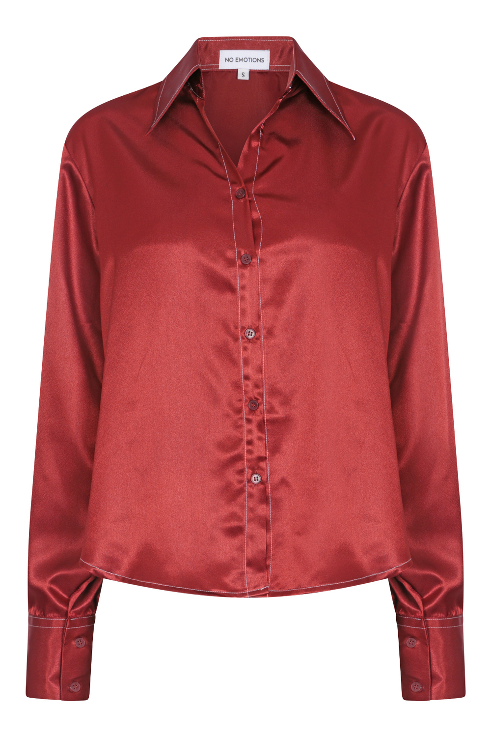 rust silk shirt with contrast stitching with a statement collar and cuffs