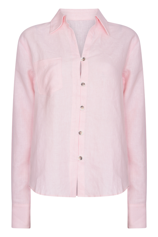 pure linen pink shirt with white button detailing 