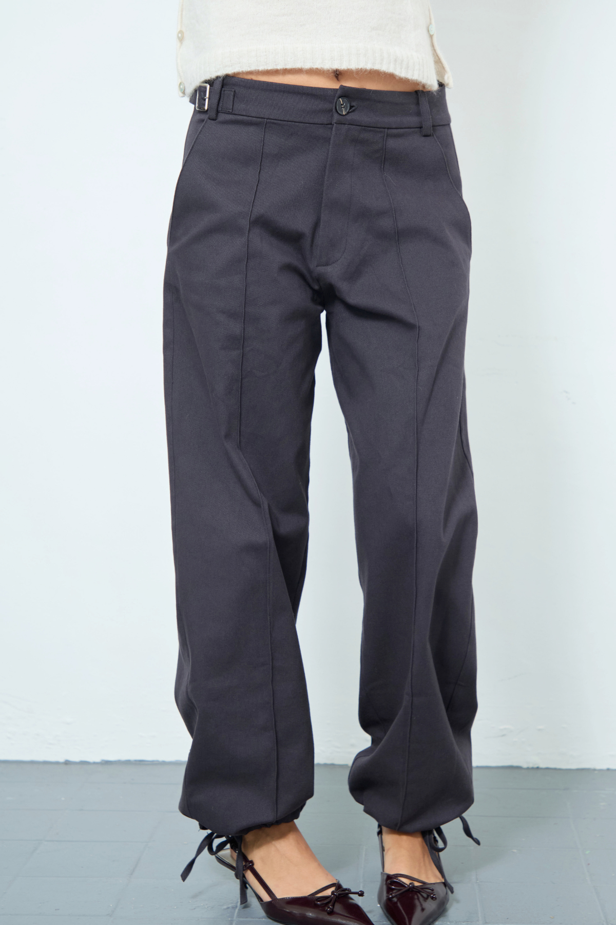 Billie Trousers in charcoal grey, low-rise barrel leg with side buckle and ankle ties – No Emotions