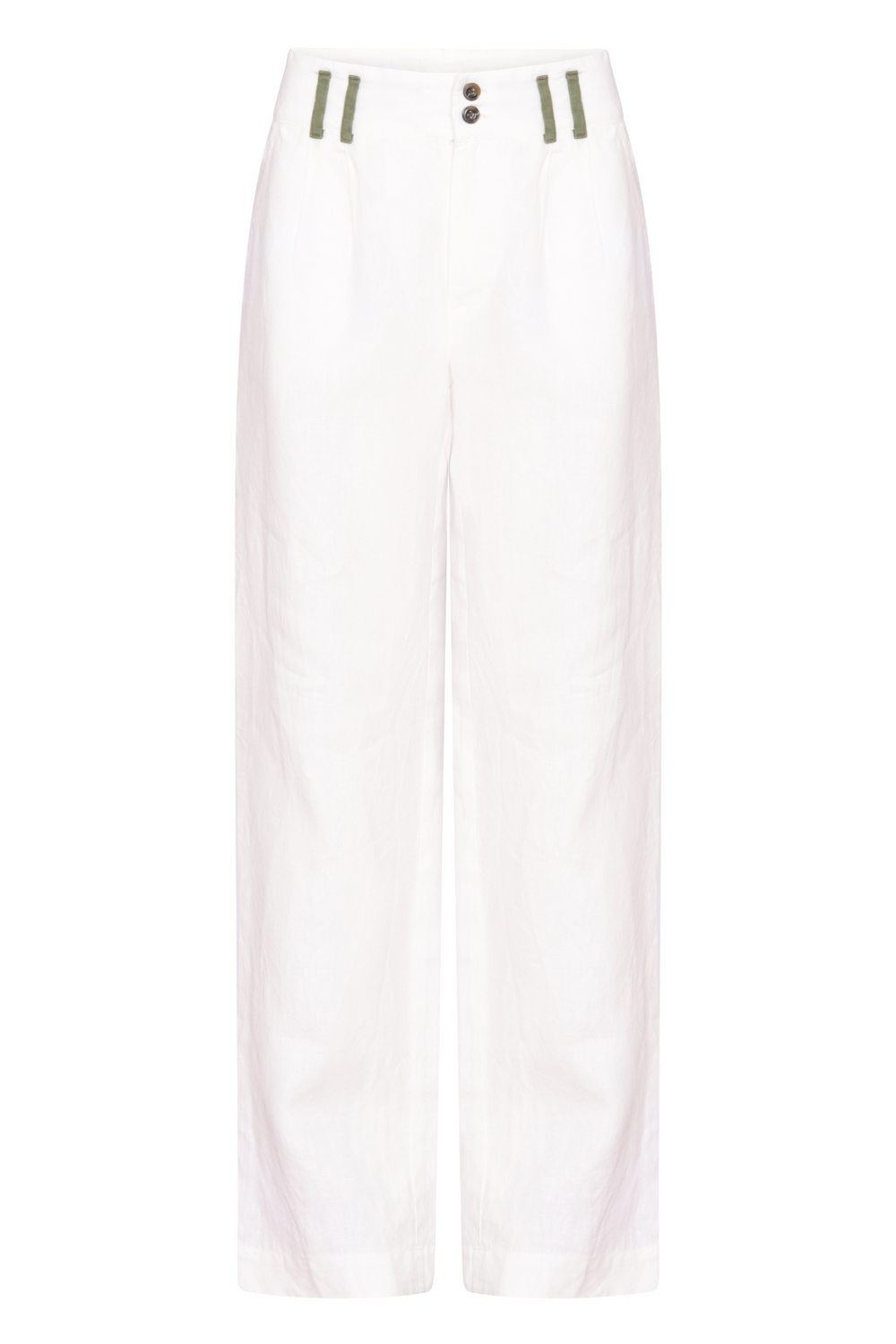 White pure linen trousers with khaki detailing, worn in London