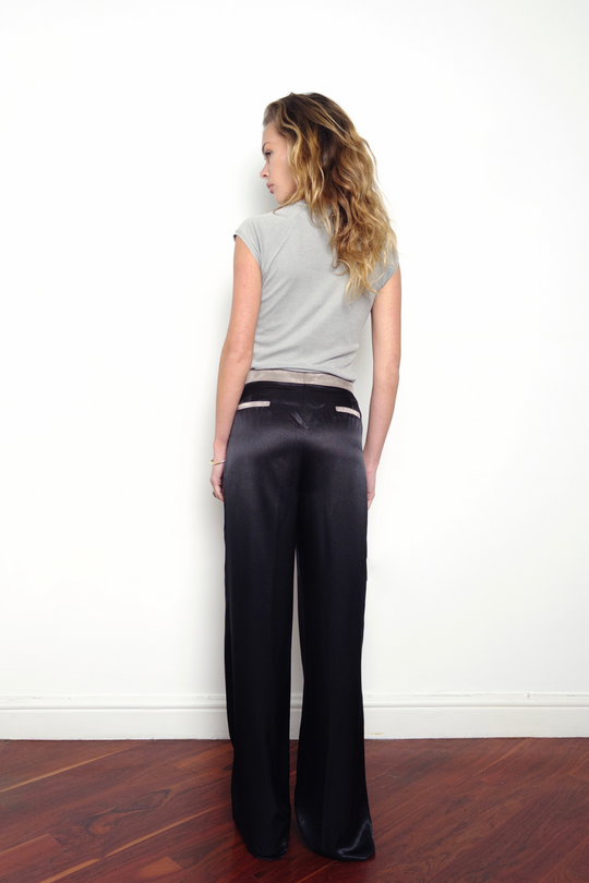 Black wide-leg silk trousers with silver trimming