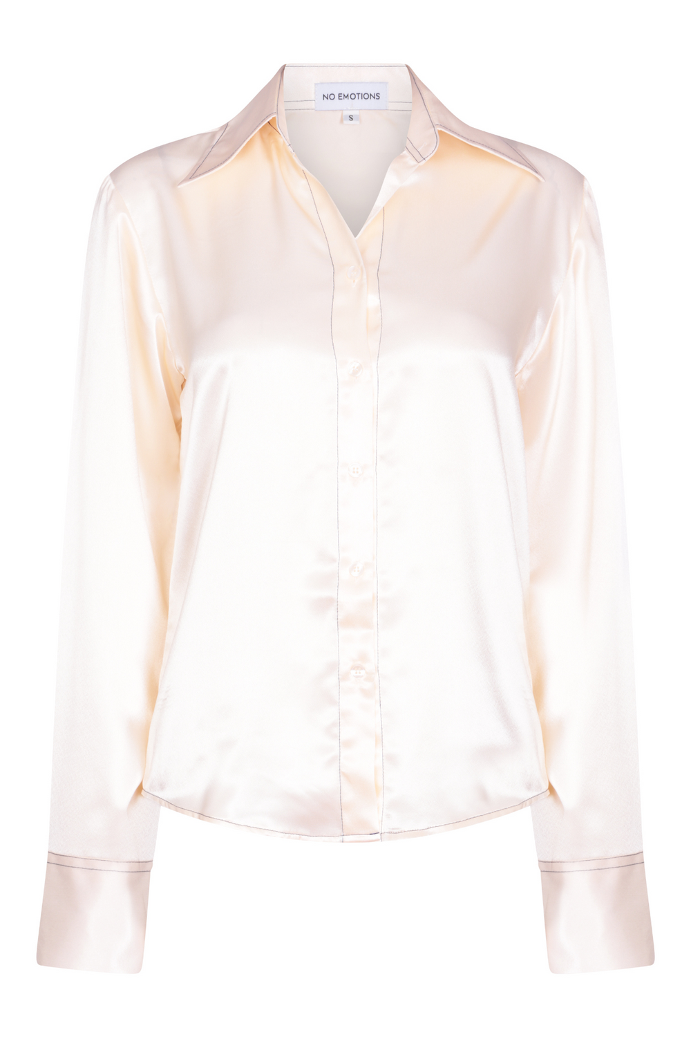 cream silk shirt with statement cuffs and collar. navy contrast stitching