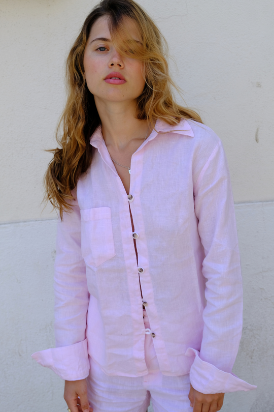 pure linen pink shirt with white button detailing 