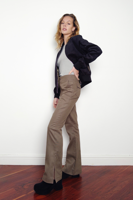 khaki cotton bootleg trousers
