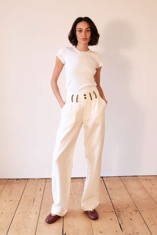 White pure linen trousers with khaki detailing, worn in London