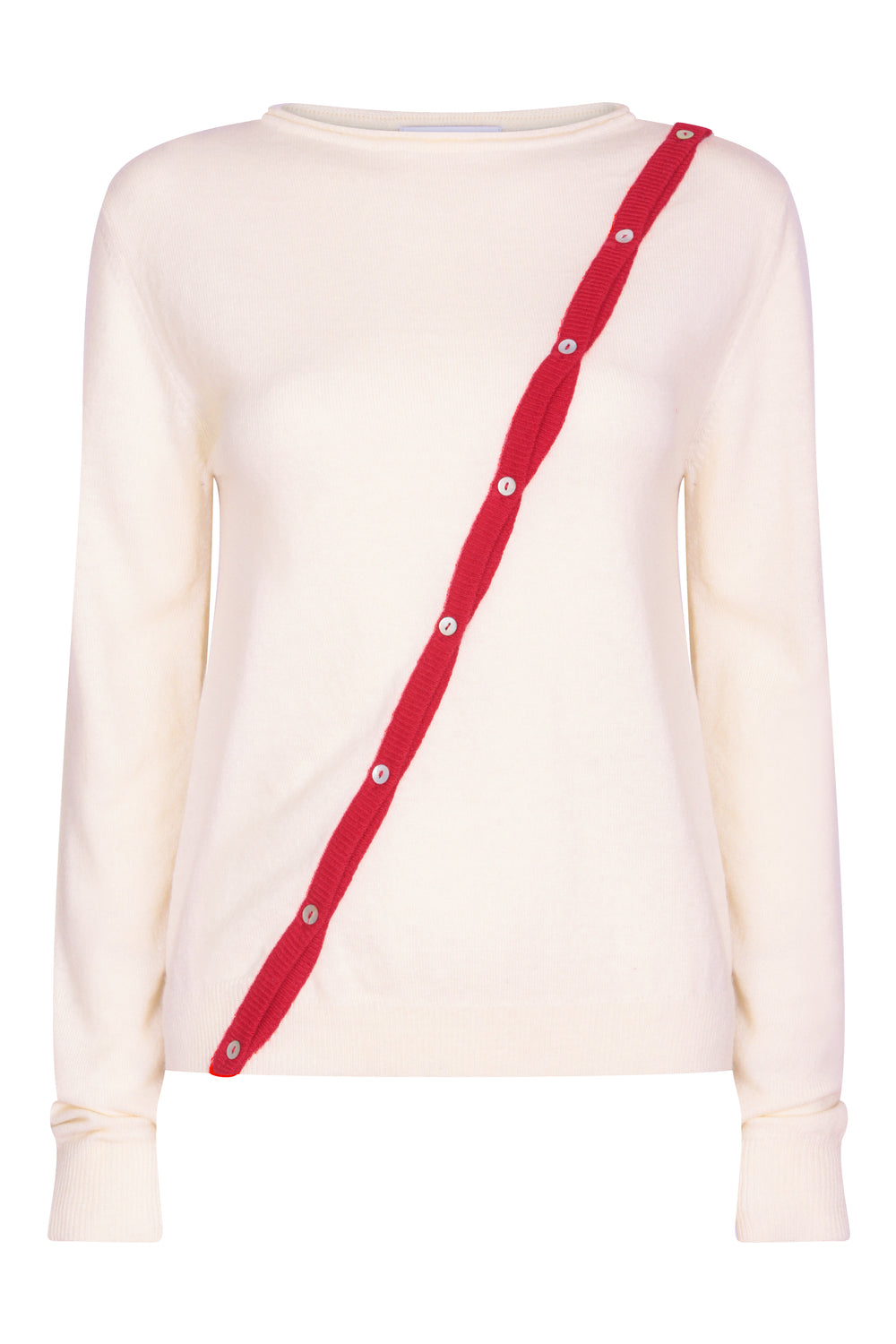 cream cashmere cardigan with diagonal buttoning in red