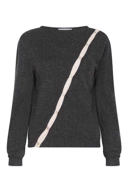charcoal grey cashmere cardigan with diagonal cream trim