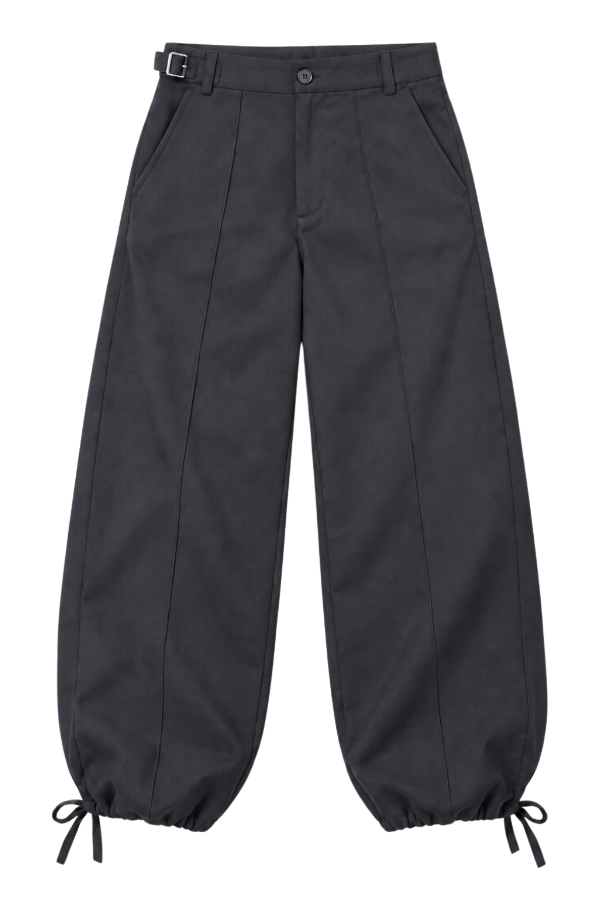 Billie Trousers in charcoal grey, low-rise barrel leg with side buckle and ankle ties – No Emotions