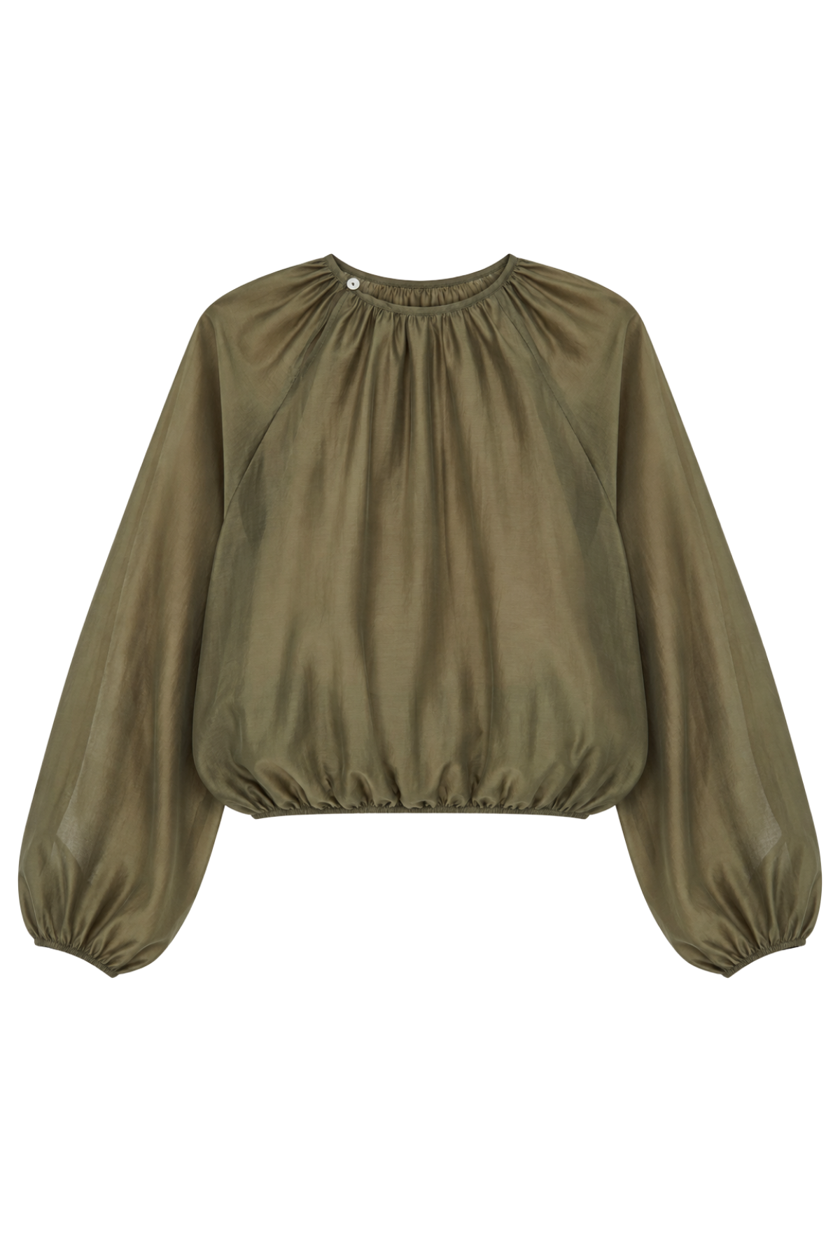 Romy Top in sheer khaki with gathered neckline and balloon sleeves – No Emotions