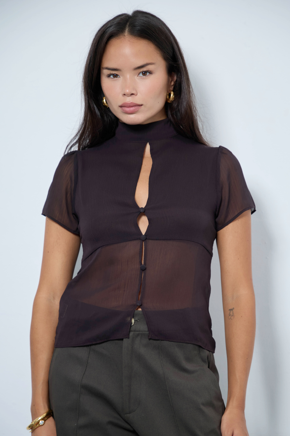 Mia Top in sheer black chiffon with pussy bow tie and puff sleeves – No Emotions