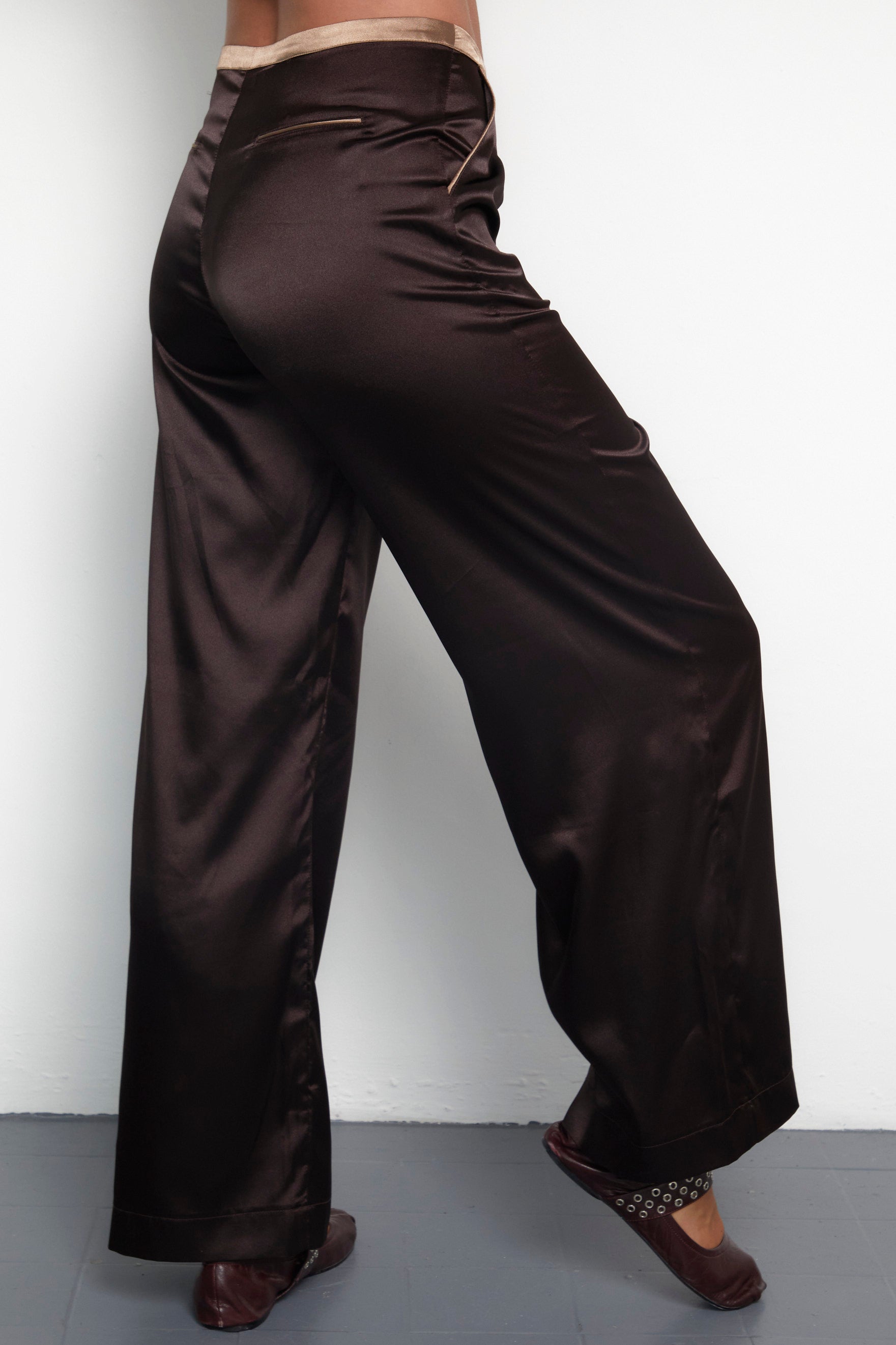 Chocolate brown silk satin wide-leg trousers with contrast waistband
