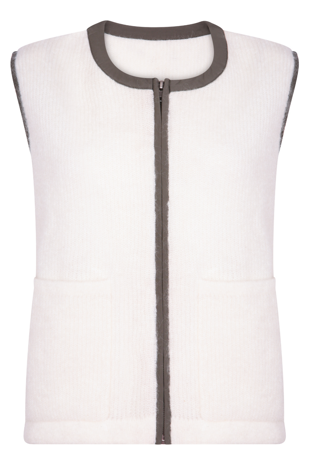 cream mohair gilet with green goretex zip worn by a size UK 8 girl in London