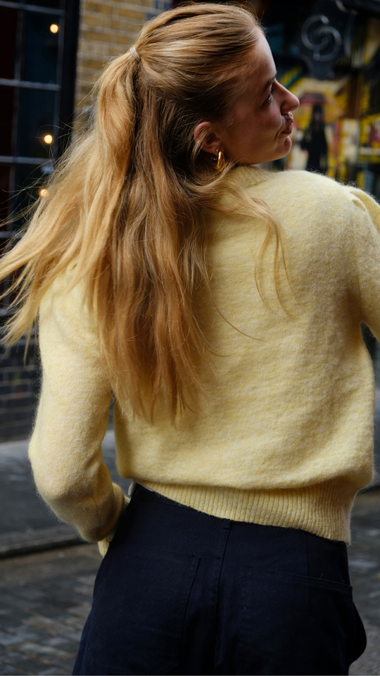 yellow mohair jumper worn in London
