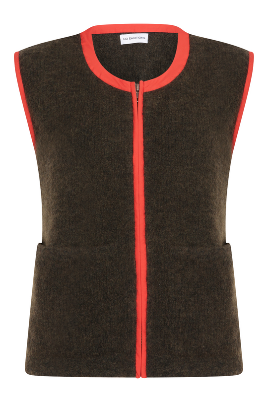 khaki green mohair gilet with orange goretex zip worn in London