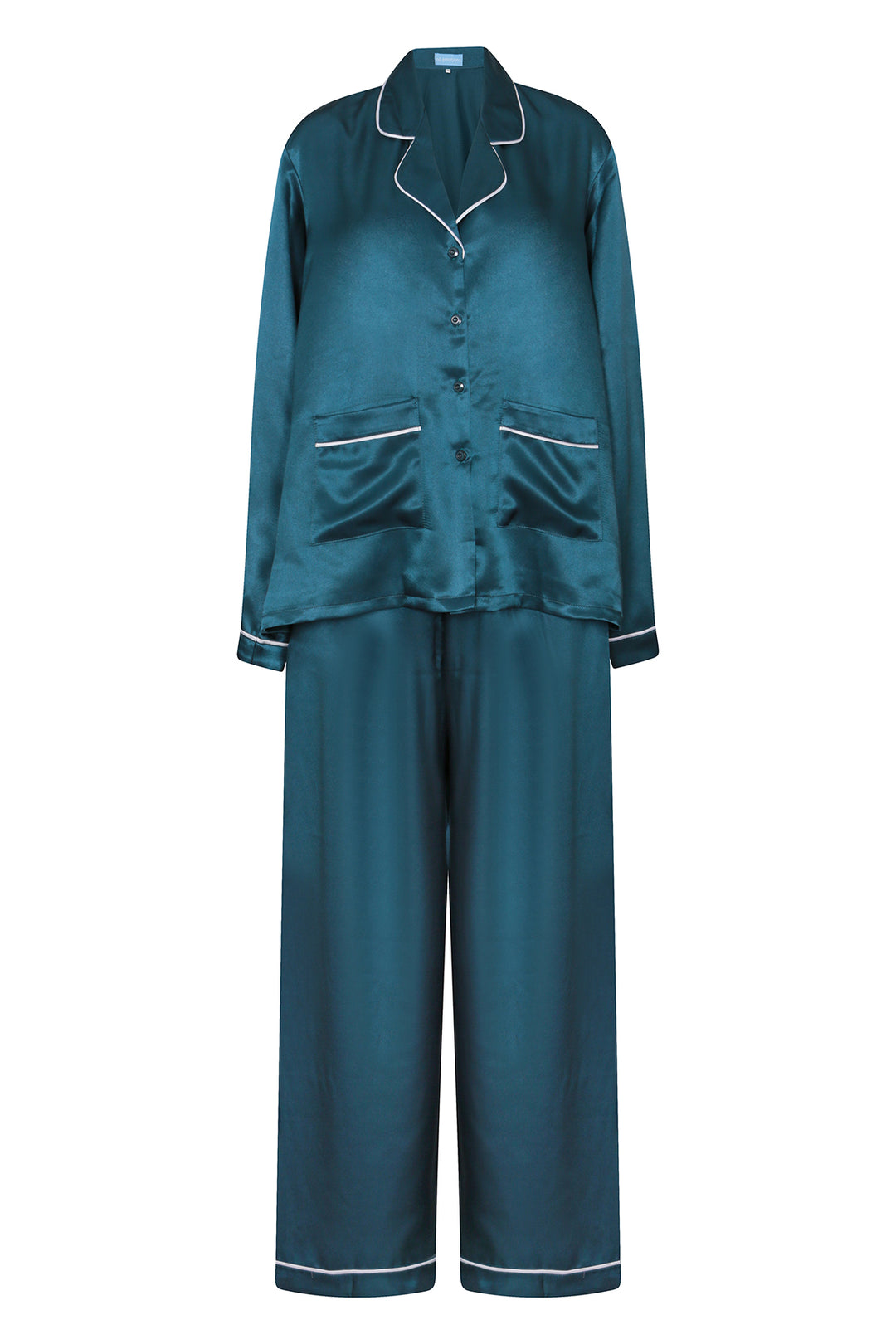 blue silk pyjamas with white pipping, worn in London