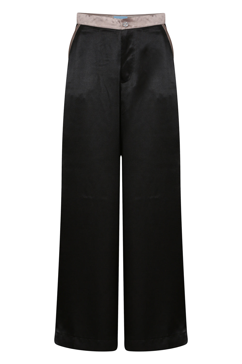 Black wide-leg silk trousers with silver trimming