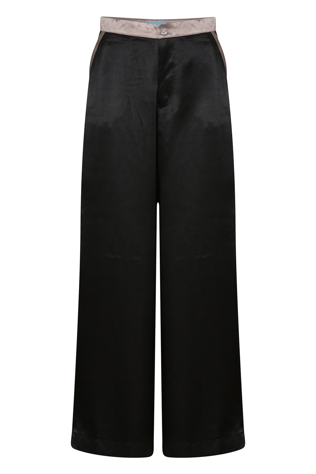 Black wide-leg silk trousers with silver trimming