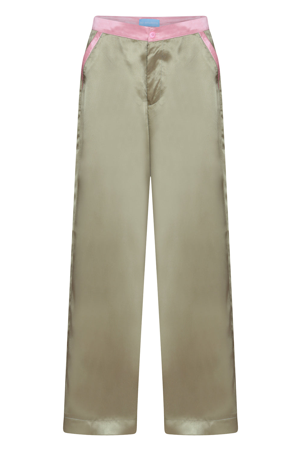 Olive wide-leg silk trousers with pale pink trims, worn in London